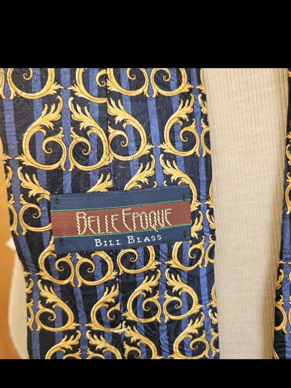 VTG Bill Blass Belle Epoque Silk Tie Blue Gold Baroque Filigree Scroll 90s Wide